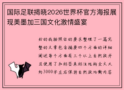 国际足联揭晓2026世界杯官方海报展现美墨加三国文化激情盛宴