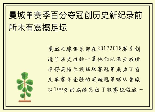 曼城单赛季百分夺冠创历史新纪录前所未有震撼足坛