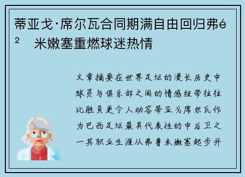 蒂亚戈·席尔瓦合同期满自由回归弗鲁米嫩塞重燃球迷热情