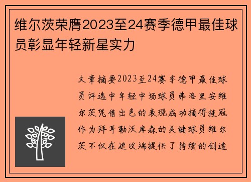 维尔茨荣膺2023至24赛季德甲最佳球员彰显年轻新星实力